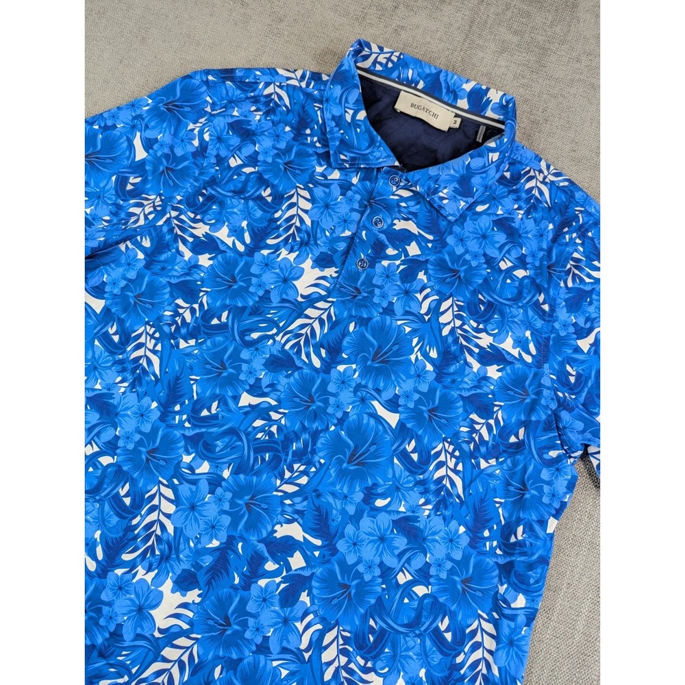 Bugatchi Polo Shirt Mens M Blue Floral Golf Stretch Hawaiian Vacation AOP Resort